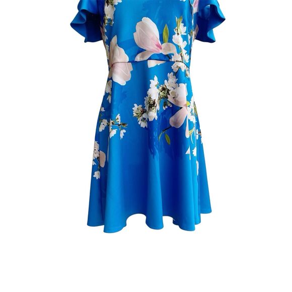 Ted Baker Dress 4 Blue Floral Skater Ambre Harmony Cold Shoulder Flutter Sleeve - Picture 3 of 9